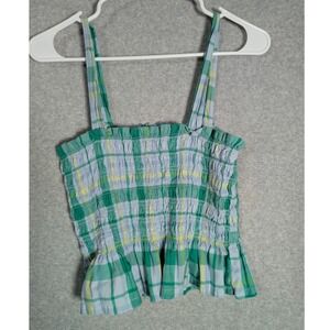 Plaid Smocked Peplum Camisole Top Womens Medium Green Blue Easter Picnic Cottage